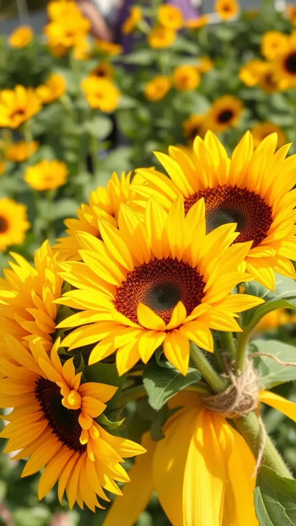 17 Stunning Summer Wedding Bouquet Ideas You’ll Love 9 A close-up of a sunflower bouquet with vibrant yellow petals and dark centers, surrounded by more sunflowers in the background.