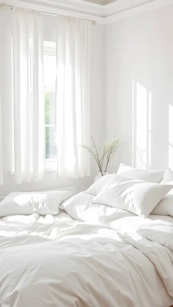 13 Summer Bedroom Aesthetic Ideas to Refresh Your Space 11 A bright bedroom with white bedding, sheer curtains, and a small plant by the window.