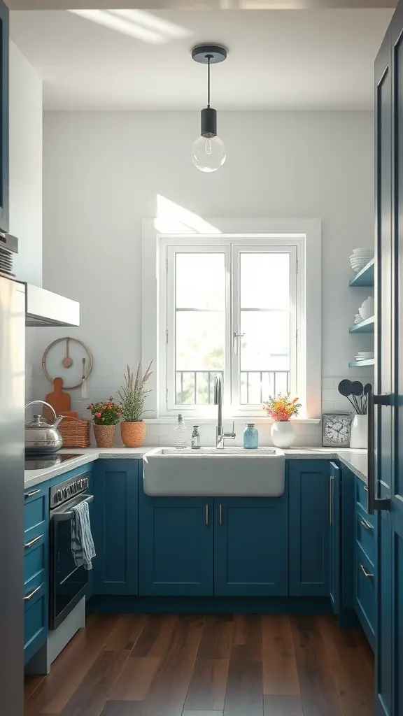 A bright blue and white kitchen with a farmhouse sink and modern light fixture, featuring potted plants and wooden flooring.