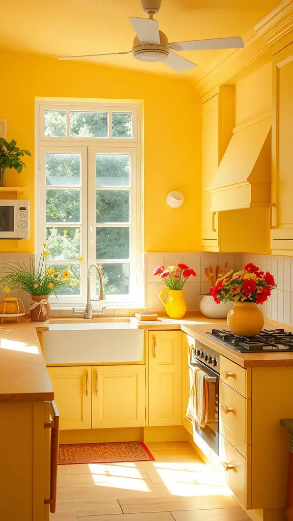 A bright kitchen painted in sunny butter yellow, featuring wooden countertops and colorful flowers.