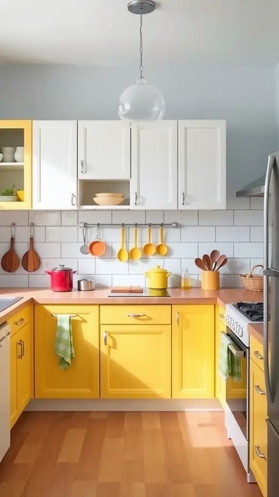 Bright kitchen with yellow and white cabinets, wooden floor, and colorful kitchenware.