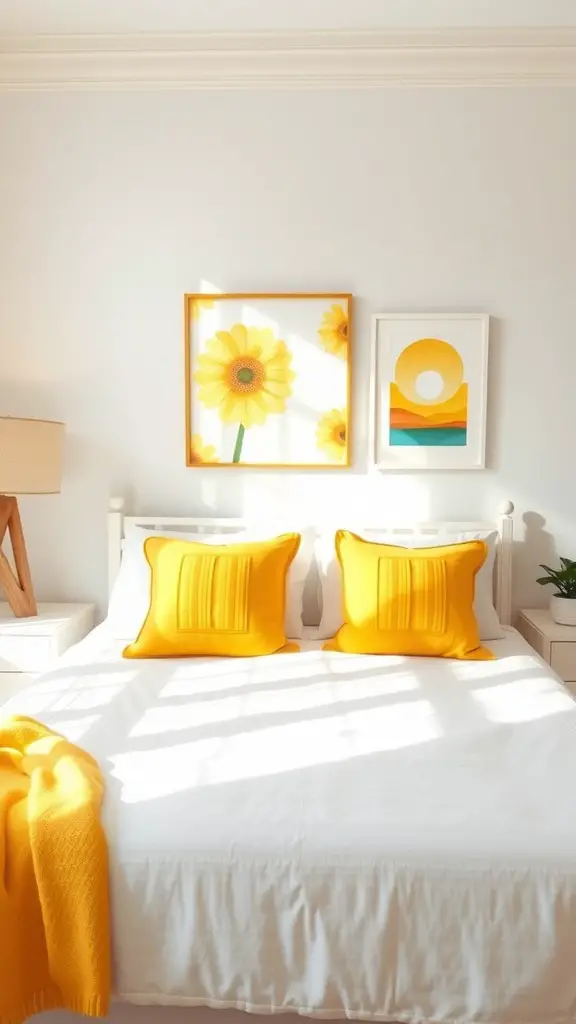 13 Summer Bedroom Aesthetic Ideas to Refresh Your Space 5 A bright bedroom featuring sunny yellow pillows, a cozy yellow throw, and cheerful wall art.