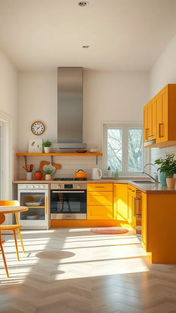 A bright kitchen with yellow cabinets, modern appliances, and a cozy dining table, illuminated by natural light.