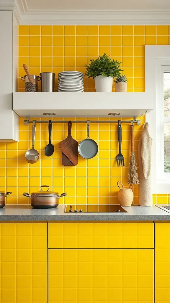 A bright yellow tiled kitchen backsplash with gray countertops and open shelves holding kitchen utensils and plants.