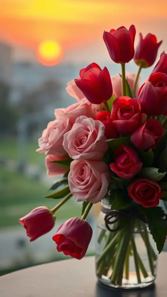 17 Stunning Summer Flower Arrangement Ideas 15 A bouquet of pink and red roses and tulips in a glass jar with a sunset background.