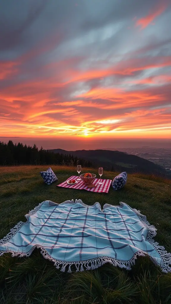 21 Must-Do Summer Bucket List Ideas for Your Best Season Yet 11 A cozy picnic setup on a grassy hill with a sunset in the background, featuring blankets, pillows, and drinks.