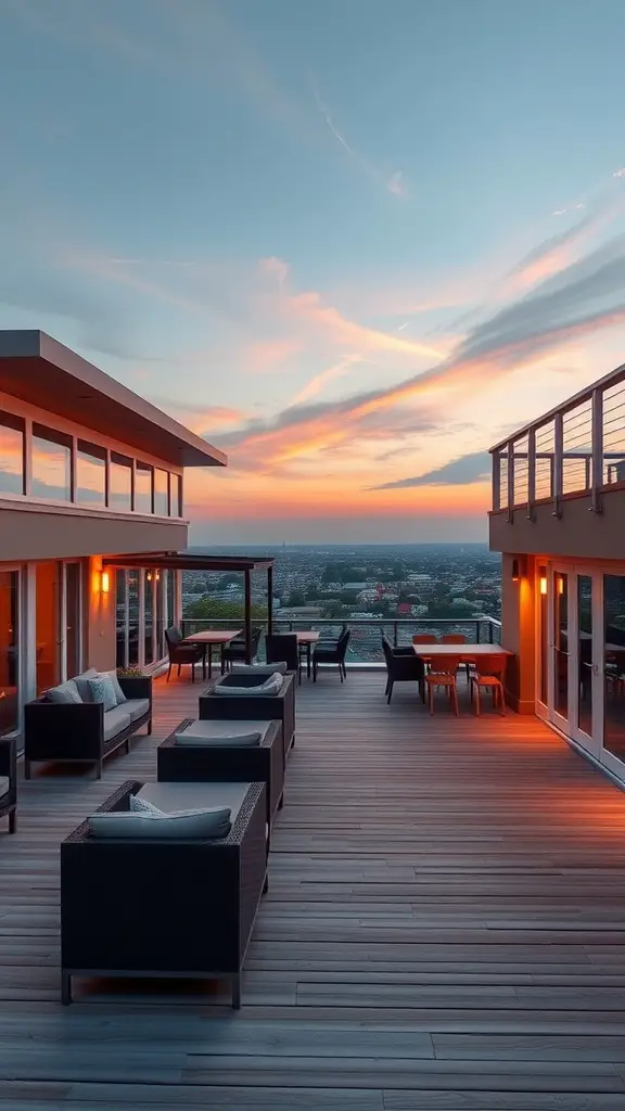 17 Inspiring Multi-Level Deck Ideas for Your Outdoor Space 17 A multi-level deck with cozy seating and a beautiful sunset view.