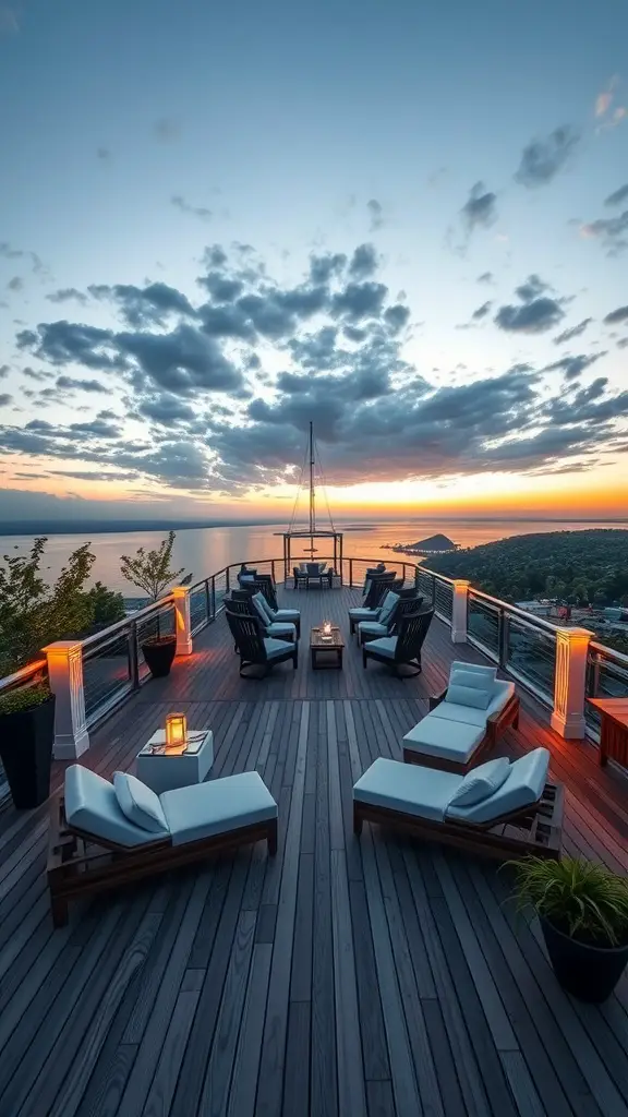 19 Stunning Two-Level Deck Ideas for Your Home 7 A sunset viewing terrace with lounge chairs, tables, and a beautiful view of the horizon.