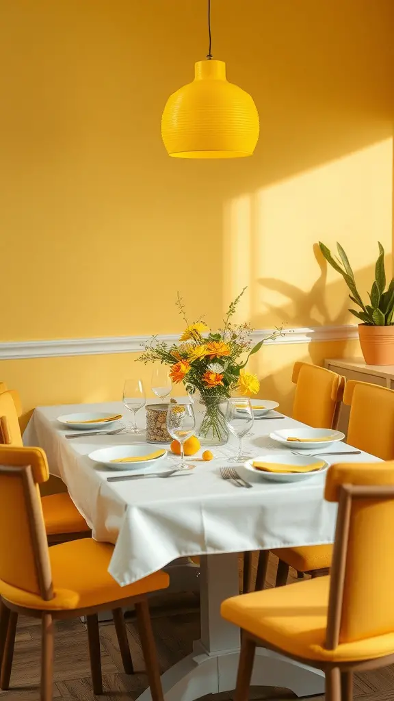 A dining table set with yellow accents, featuring a yellow pendant light, bright yellow chairs, and a floral centerpiece.