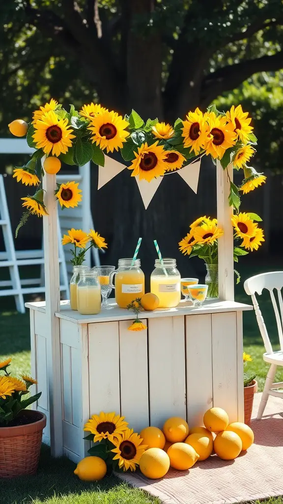 21 Creative Summer Baby Shower Ideas to Celebrate the Arrival of Baby 7 A beautifully decorated lemonade stand with sunflowers, lemons, and jars of lemonade