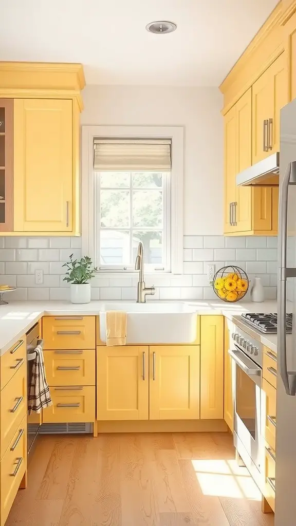 A bright kitchen featuring sunshine yellow cabinets and light gray backsplash