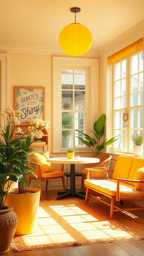 A bright room featuring yellow highlights, including a lamp, chairs, and curtains, filled with natural light.