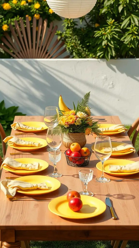 23 Bright and Cheerful Summer Decorations to Enhance Your Home 4 A dining table set with sunshine yellow plates, colorful flowers in a centerpiece, and fruits, creating a cheerful summer atmosphere.