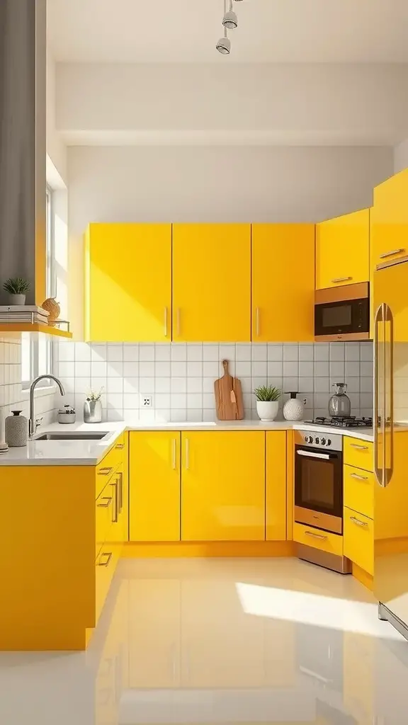 A bright yellow kitchen with modern cabinets and a sleek design