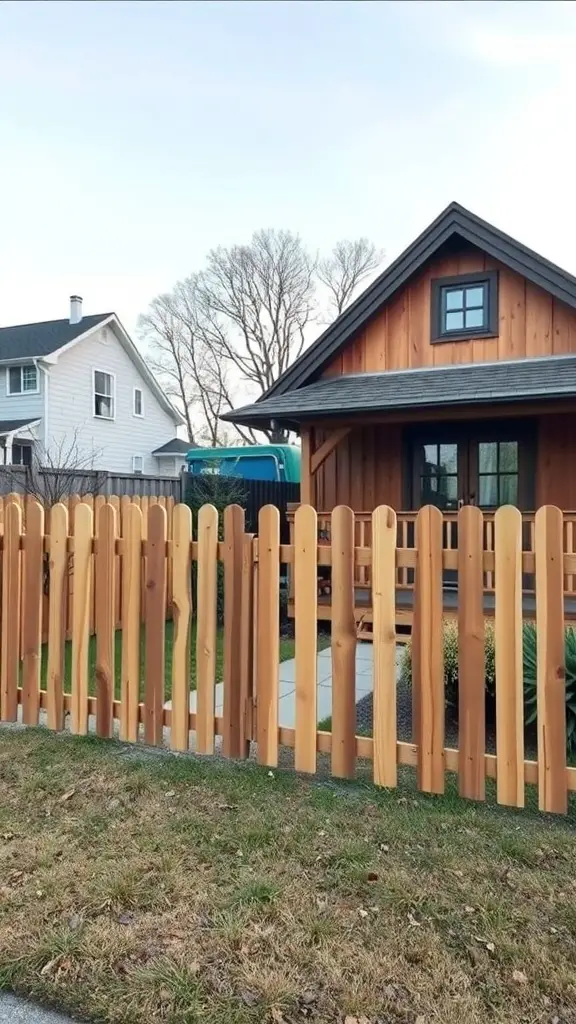 A wooden fence surrounding a cozy house, showcasing a blend of natural materials and simple design.