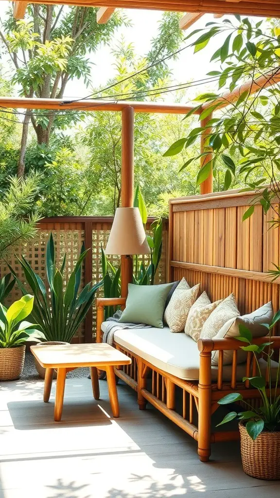 A cozy bamboo banquette with cushions, surrounded by lush greenery.