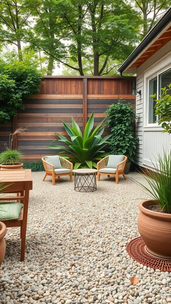 15 Creative Pea Gravel Patio Ideas for Your Outdoor Space 14 A cozy pea gravel patio with green plants and wooden furniture.