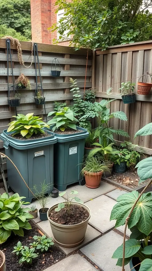 A small patio garden featuring various plants in containers, including hanging pots and dual-purpose bins.