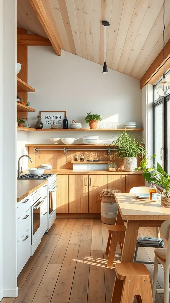 A beach house kitchen featuring wooden cabinets, a cozy dining area, and plants for a sustainable look.