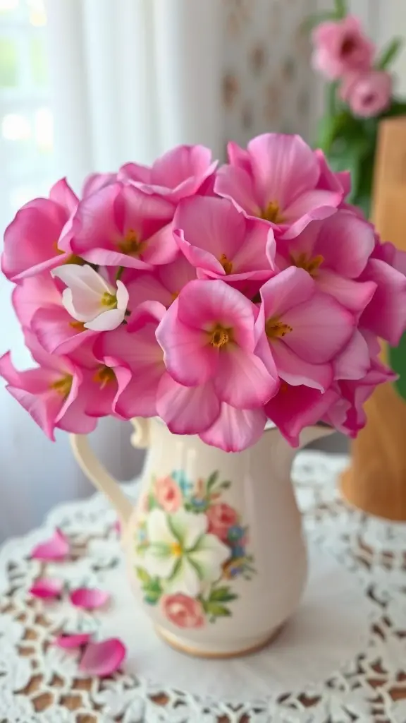 33 Stunning Summer Wedding Flower Ideas You’ll Love 5 A bouquet of pink sweet peas in a vintage pitcher on a lace tablecloth