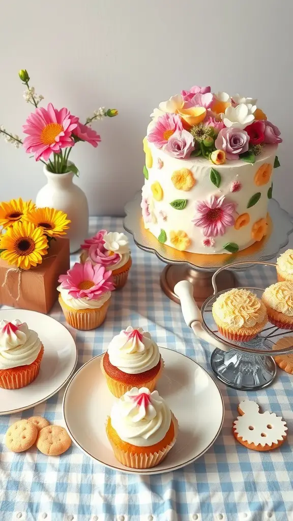 17 Creative Summer Bridal Shower Ideas for a Memorable Celebration 12 A colorful dessert table with a floral cake, cupcakes, and flowers on a checkered tablecloth.
