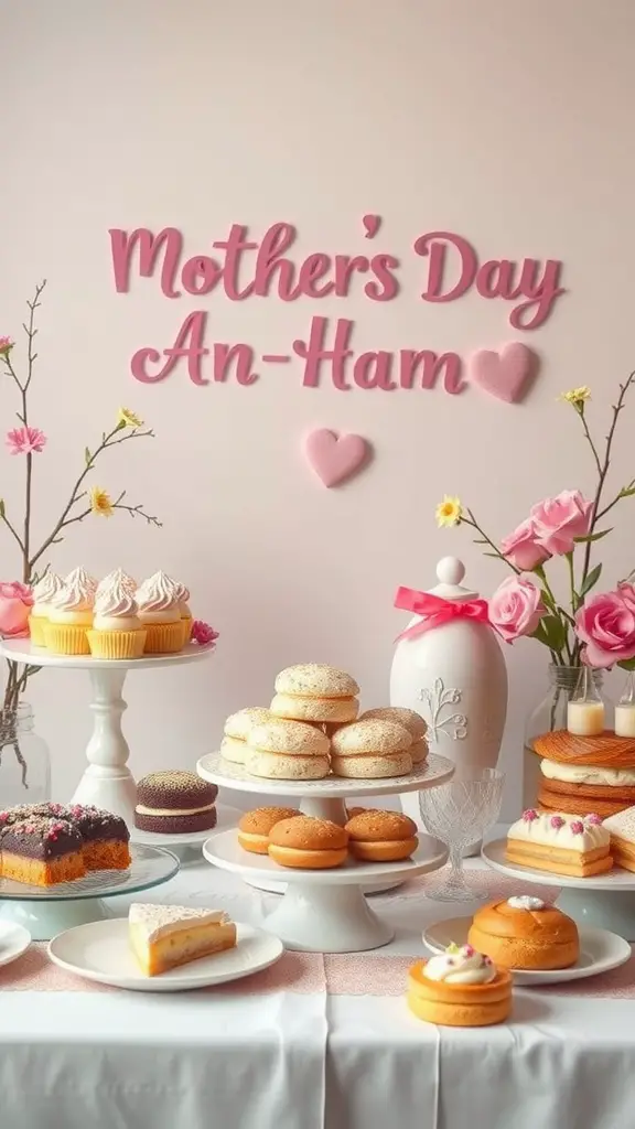 27 Creative Mother’s Day Decor Ideas to Celebrate Mom 22 A beautifully arranged Sweet Treat Station for Mother's Day featuring cupcakes, doughnuts, and cakes, with floral decorations and a sign.