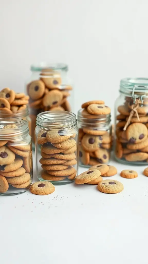 Glass jars filled with cookies arranged on a white table.