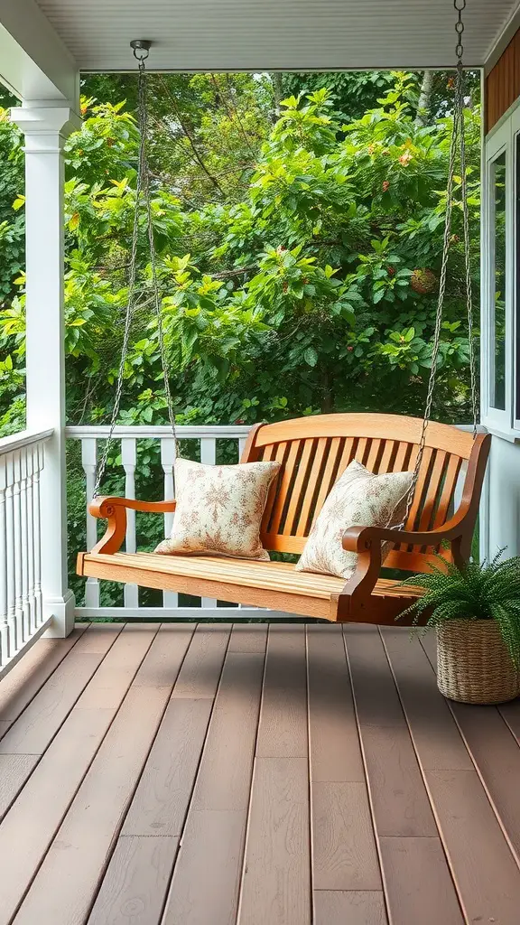 25 Stunning Deck Furniture Ideas for Your Outdoor Oasis 6 A cozy wooden swinging bench with cushions on a deck surrounded by greenery