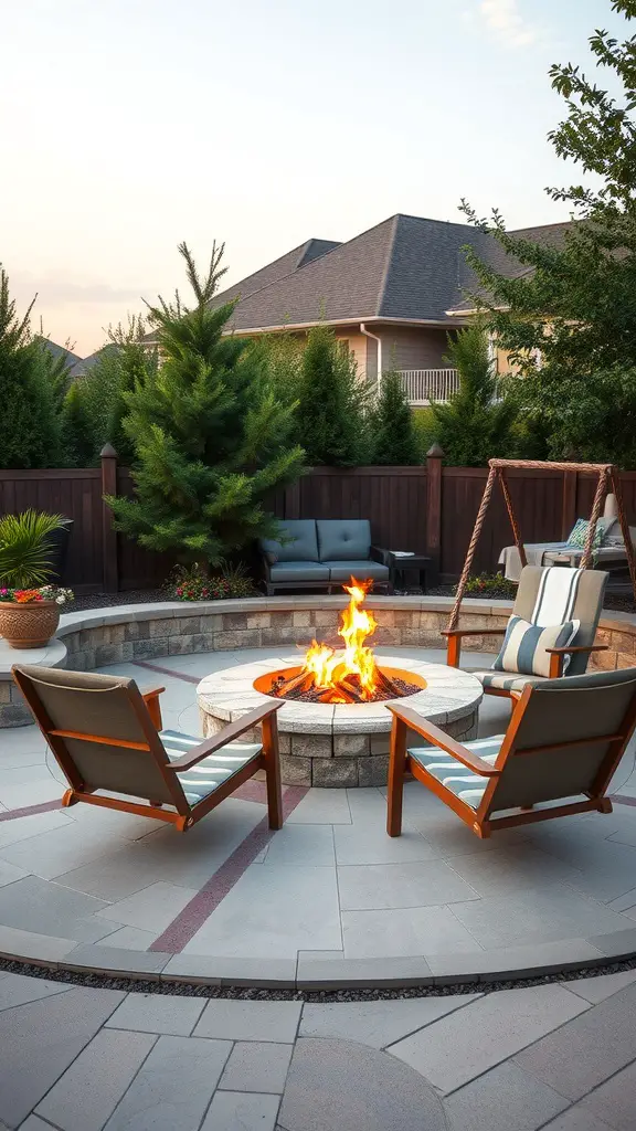 A cozy outdoor setting featuring swinging lounge chairs surrounding a fire pit.