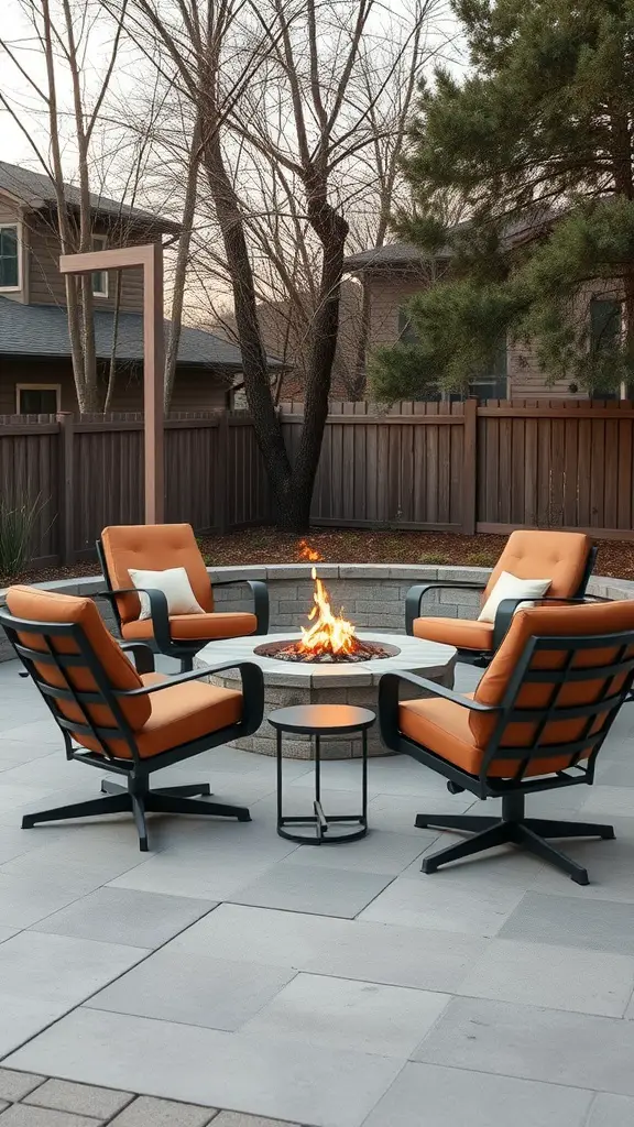 An outdoor fire pit area with four swivel chairs and a central table.