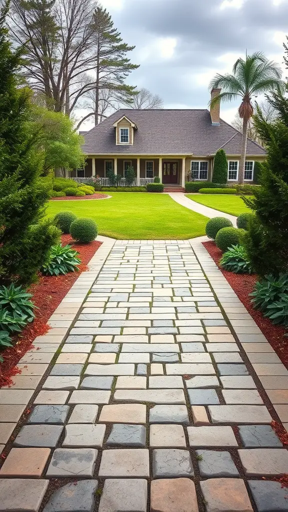 Symmetrical flagstone walkway leading to a house, surrounded by greenery and mulch.