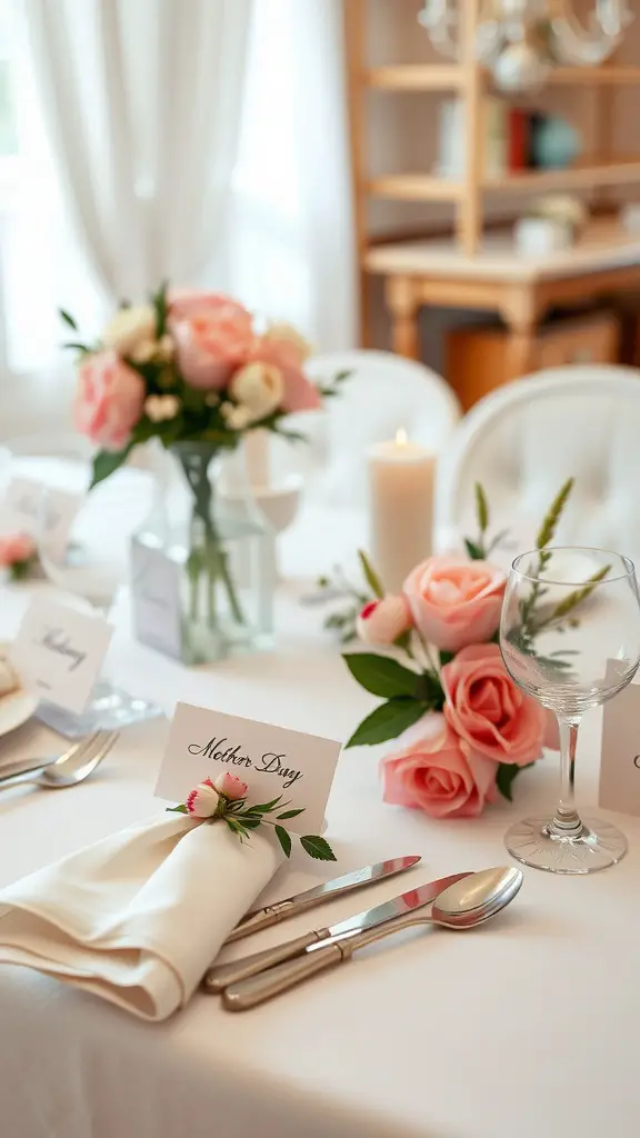 27 Creative Mother’s Day Decor Ideas to Celebrate Mom 4 A beautifully set table for Mother's Day with pink roses, name cards, and elegant cutlery.