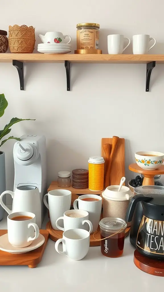 A cozy tea and coffee bar setup with various mugs, a coffee maker, and decorative items.