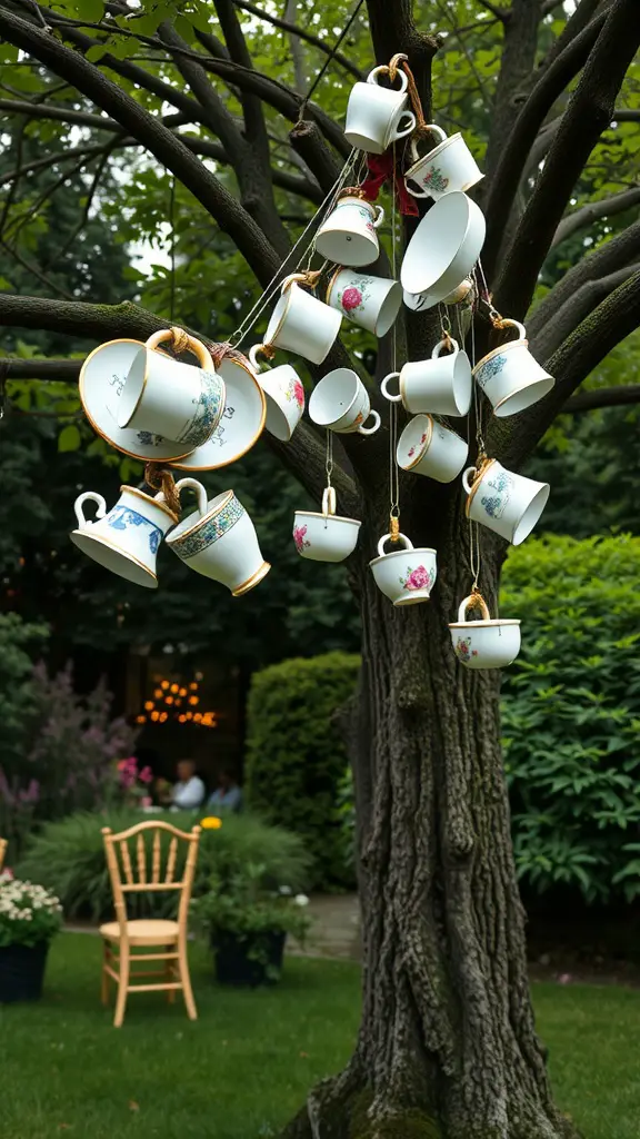 A charming display of hanging tea cups from a tree branch, set in a garden.