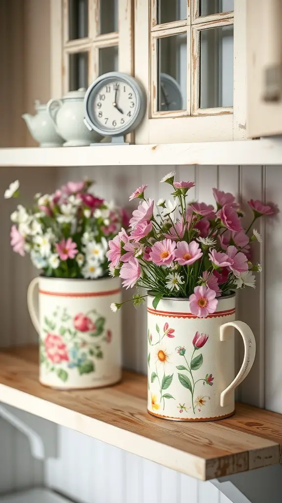 Two tea tins with floral designs used as vases, filled with pink and white flowers, on a wooden shelf with a clock and teapot in the background.