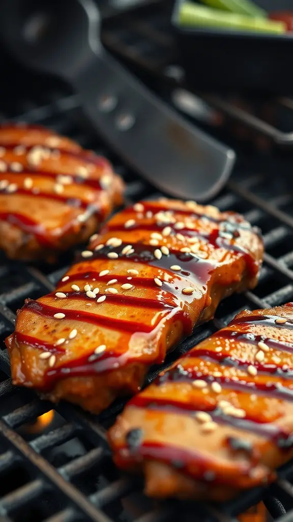 Grilled pork tenderloin slices covered in teriyaki sauce with sesame seeds on a grill