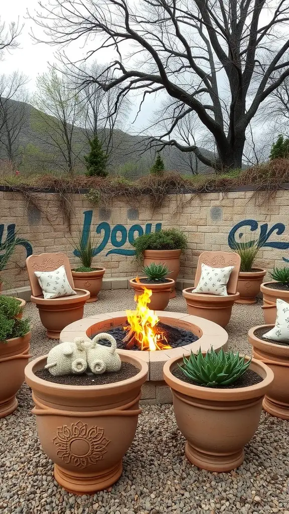 A cozy outdoor seating area featuring terracotta pots as seats surrounding a fire pit