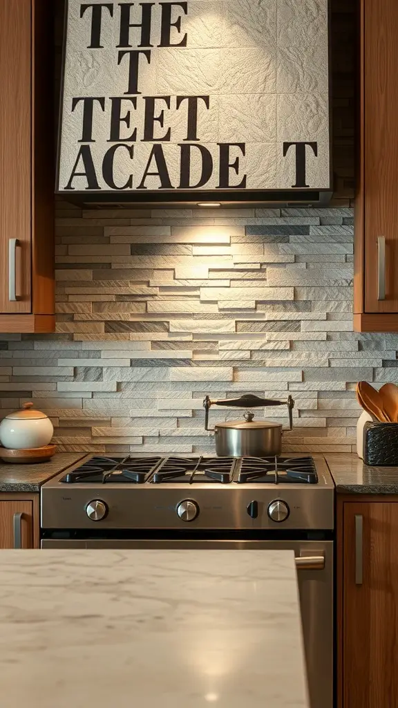 A contemporary kitchen featuring a textured stone backsplash and a modern stovetop.