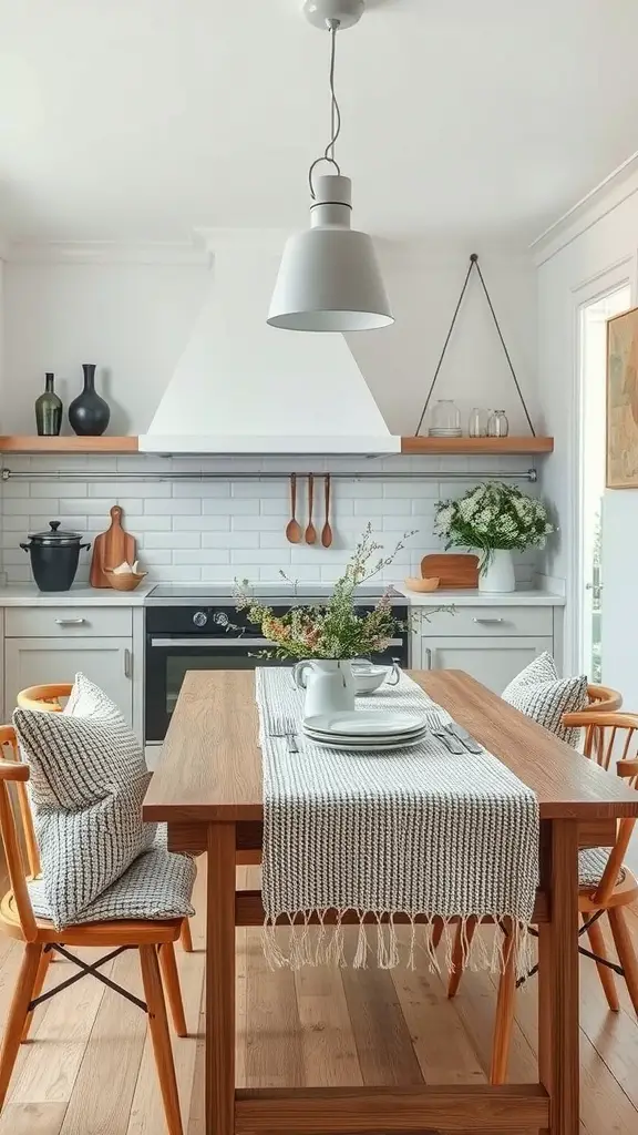 A cozy Scandinavian kitchen with a wooden table, textured fabrics, and a bright atmosphere.