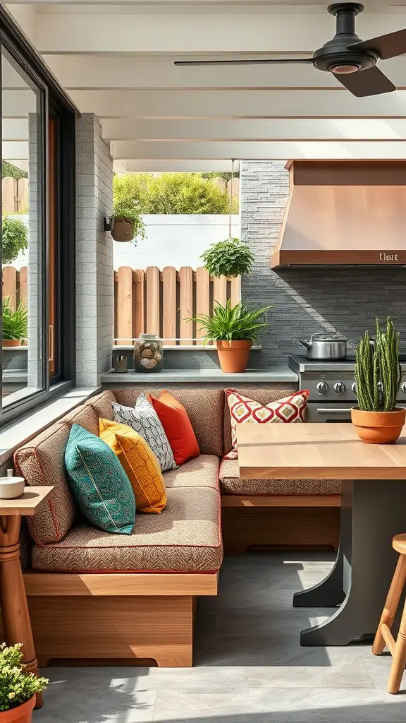 Cozy outdoor kitchen featuring a textured upholstered banquette with colorful cushions.