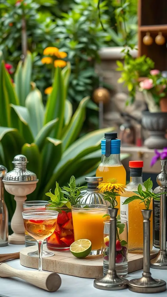 A beautifully arranged cocktail mixing bar with drinks, fresh fruits, and herbs in a garden setting.