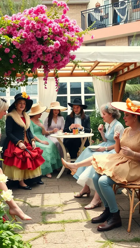 A group of friends at a garden tea party, dressed in colorful vintage costumes with flowers overhead.