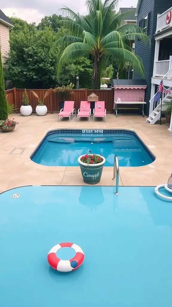 A colorful and inviting pool area with pink lounge chairs, palm tree, and decorative potted plants.