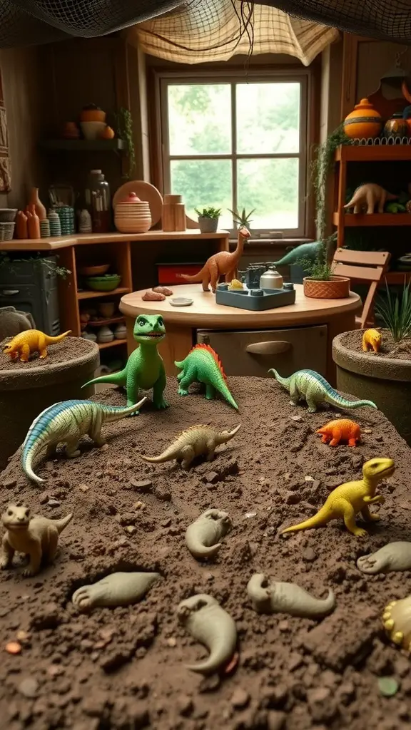 25 Creative Mud Kitchen Ideas for Kids to Inspire Imaginative Play 14 A themed mud kitchen for kids featuring dinosaur figurines in a playful setting.