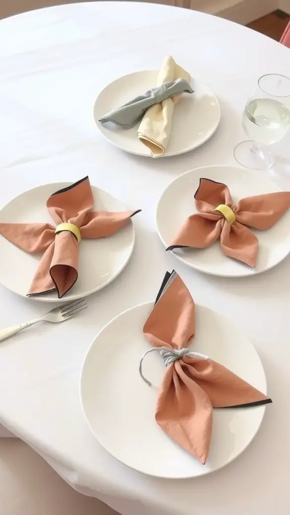 A table set for brunch with creatively folded napkins in peach, yellow, and gray.