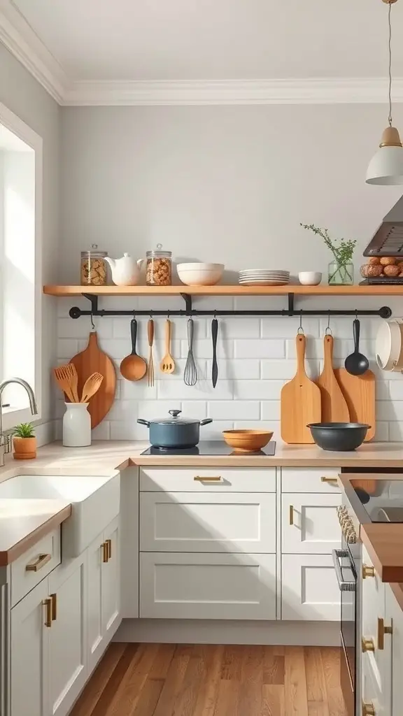 A Scandinavian kitchen featuring open shelving with utensils, wooden accents, and a clean, organized layout.