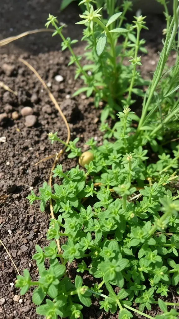 A close-up of vibrant green thyme plants growing in soil.