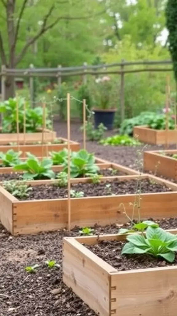 Tiered wooden garden beds with plants growing in them