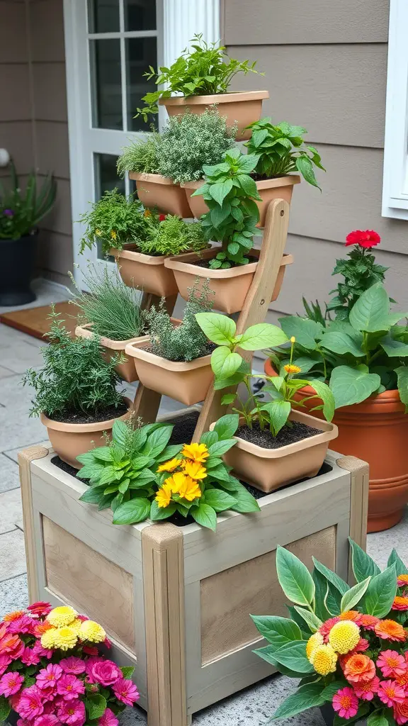 A tiered planter box filled with various herbs, adding greenery and color to a patio space.