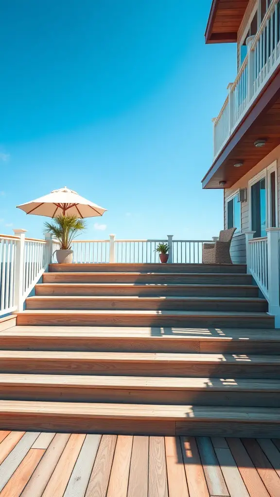 21 Creative Deck Step Ideas to Enhance Your Outdoor Space 14 A multi-level deck with tiered wooden steps, a cozy chair, and an umbrella, surrounded by a blue sky.
